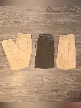 (3) James Perse Mixed Media Pant Womens Sz 1 Beige & Green Drawstring Pockets